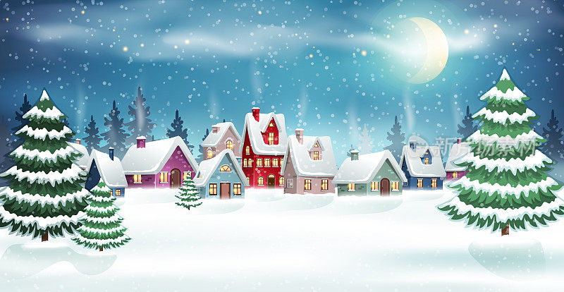 圣诞冬季村在松树林