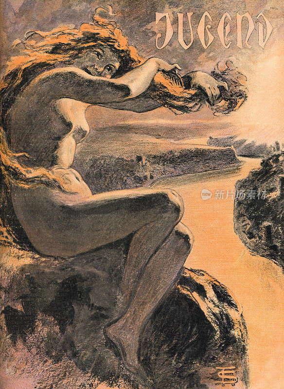 罗蕾莱坐在莱茵河畔的岩石上画1899年的德国