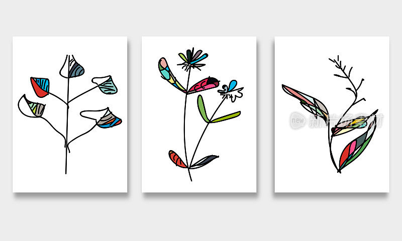 集手绘植物叶子，手工横幅涂鸦设计元素背景