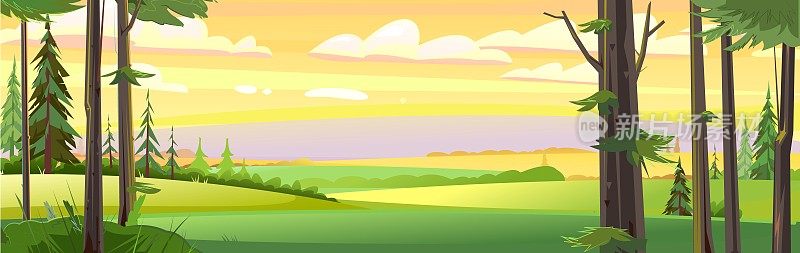 农村景观全景。田野、菜园和草甸山的景色。清晨或傍晚的自然景观。插图在卡通风格的平面设计。向量