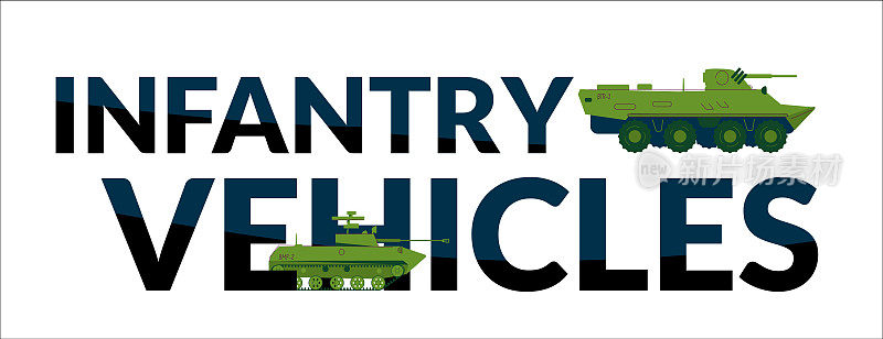 文本步兵车辆和插图BTR和BMP，一系列类型的武器，地面部队。矢量插图在卡通风格孤立在白色背景。