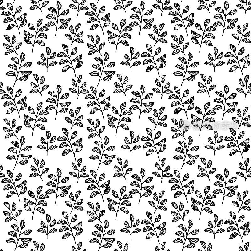 包装茶叶图案无缝矢量。最小的茶树灌木叶子花卉纺织品装饰。草药素描与自然元素无缝的背景图案。现代夏季树叶壁纸