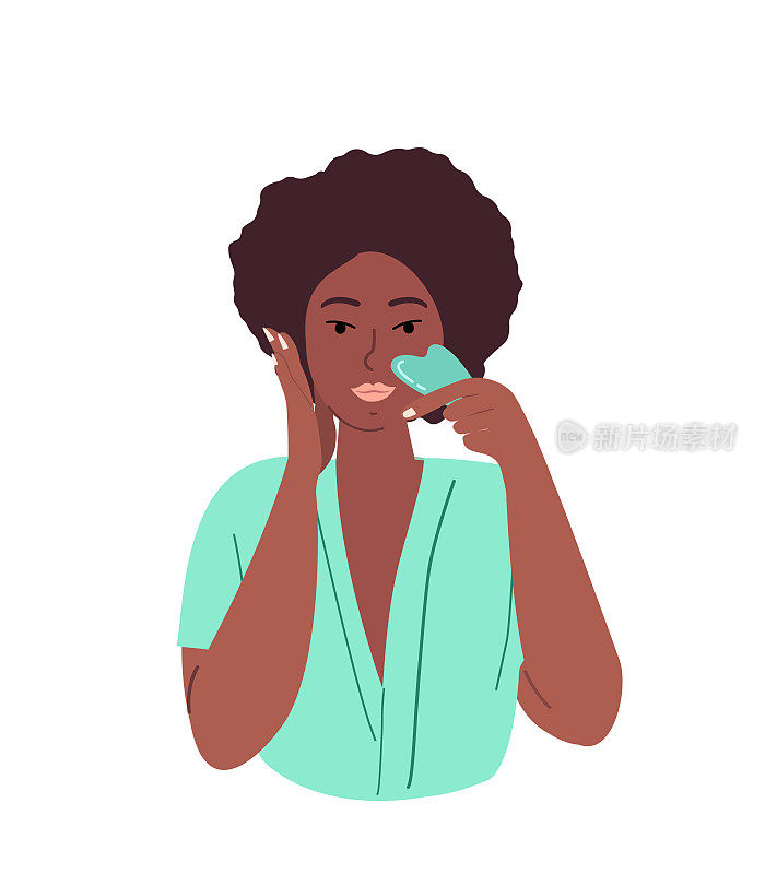 非洲黑皮肤女人用玉面刮痧刮石。面部瑜伽。一个按摩脸部的女孩。针灸抗衰老中药自我护理方法。向量平面插图在白色