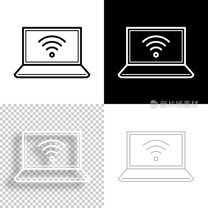 笔记本电脑无线网络。图标设计。空白，白色和黑色背景-线图标