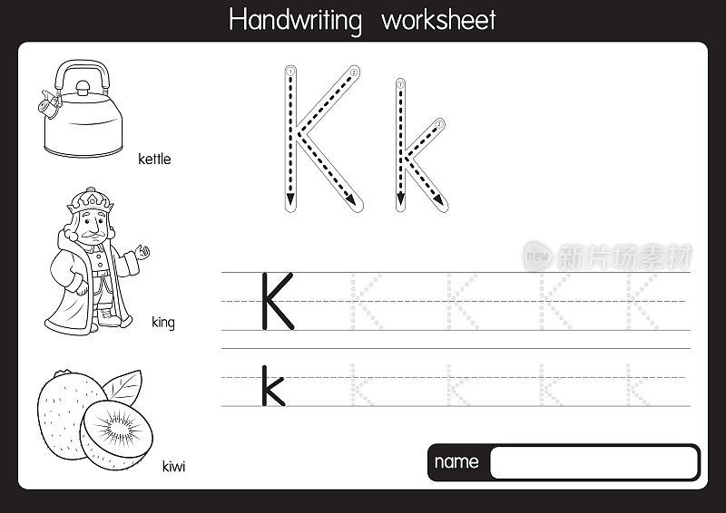 矢量说明芒果字母K大写字母或大写字母的儿童学习练习ABC