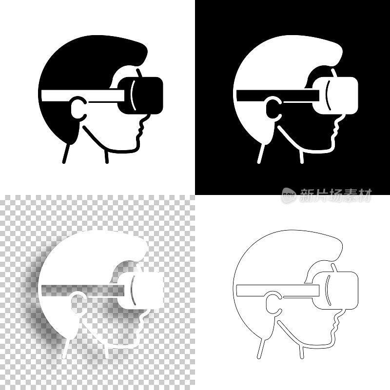 戴着VR头盔的男人-虚拟现实。图标设计。空白，白色和黑色背景-线图标