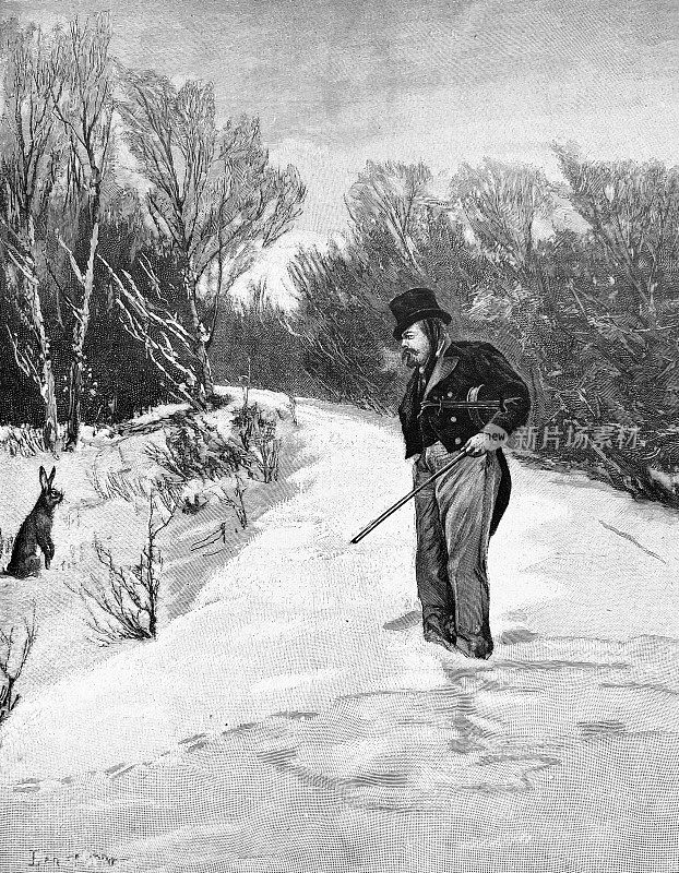 饥饿的人在雪地里看着一只兔子