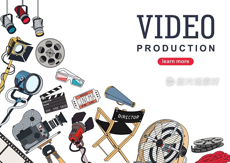视频工作室的背景模型。设计一套海报用的设备和工具，用于电影行业和视频剪辑的拍摄。矢量图