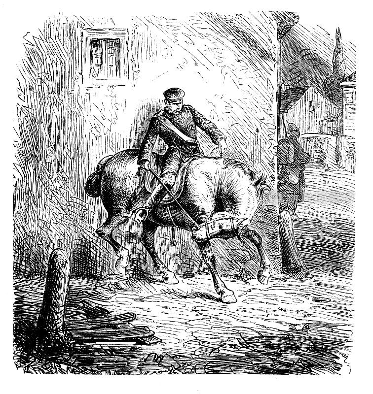 骑马进入村庄的士兵