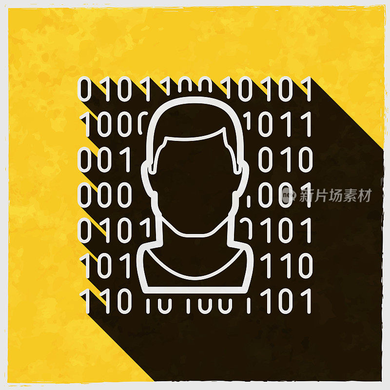 男性脸上用二进制代码。图标与长阴影的纹理黄色背景