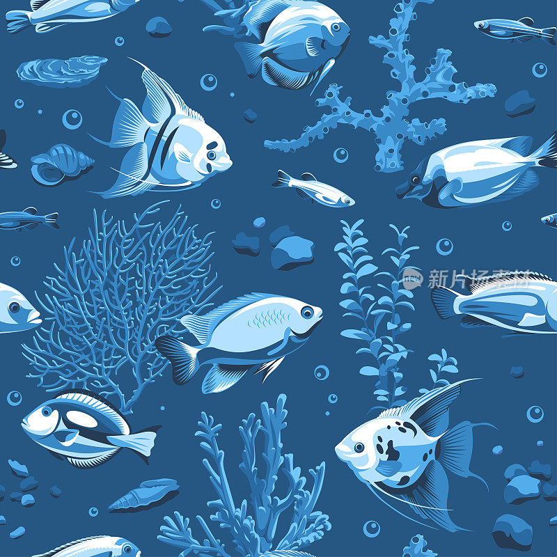 无缝图案与鱼和海景孤立在一个蓝色的背景。水下生命的插图。