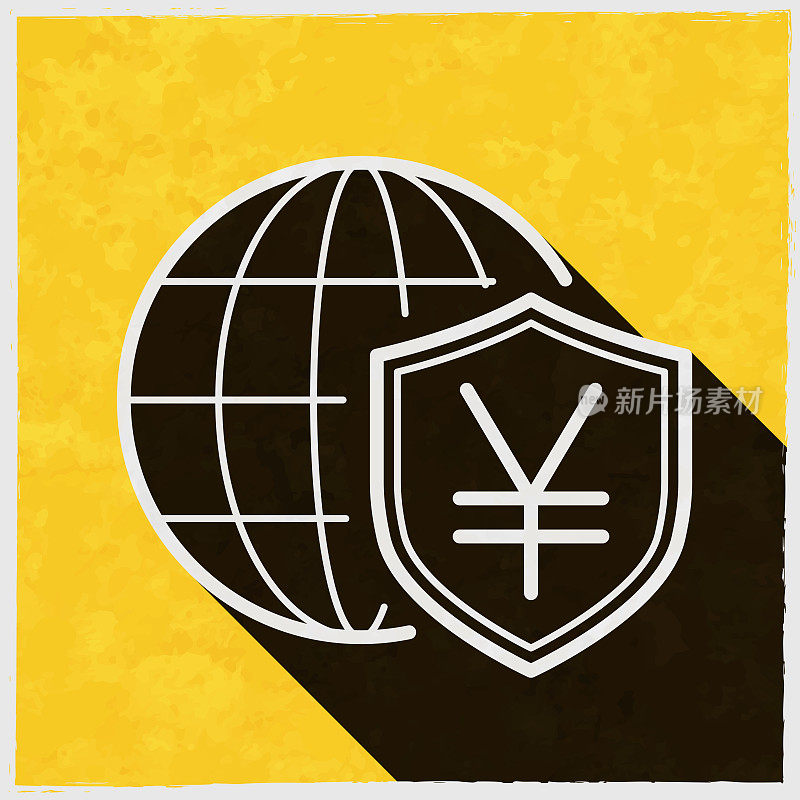 日元盾与地球仪。图标与长阴影的纹理黄色背景