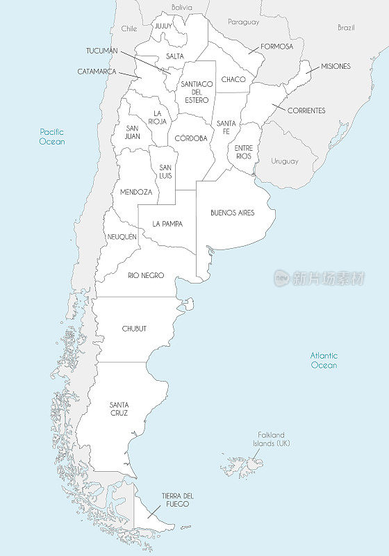 阿根廷的矢量地图，包括省或联邦州和行政区划，以及邻国和领土。可编辑和明确标记层。