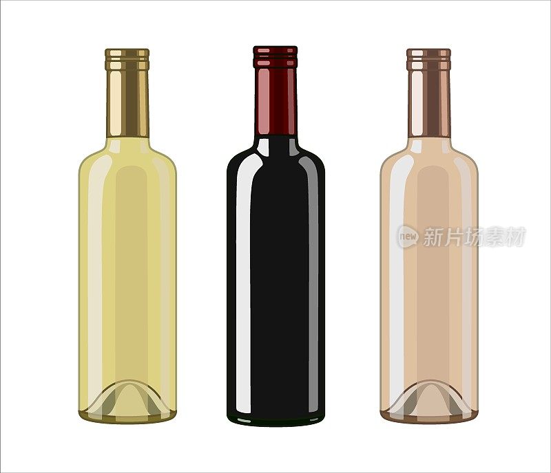 白色，红色和玫瑰酒瓶，平面风格矢量插图孤立在白色背景