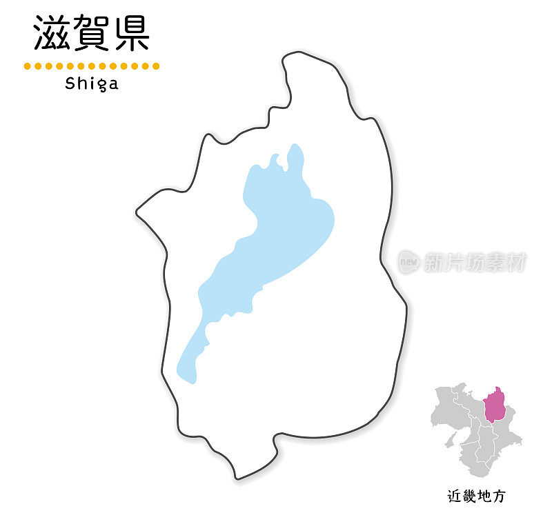 简单的滋贺县白色地图，简化的线条图，地方名称和位置
