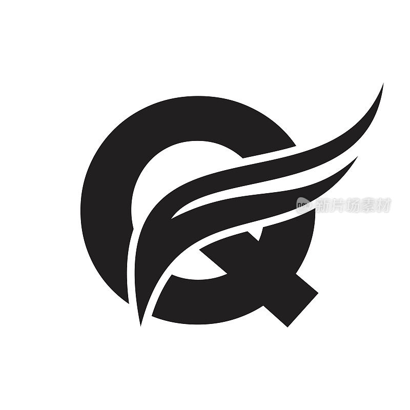 字母Q翼标志设计。运输标志字母Q和翅膀的概念