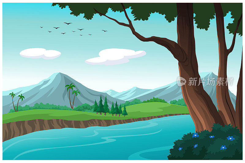这条自然小径沿湖有树木和山脉。