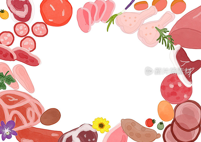 摆放新鲜的食材框架插图肉水彩画