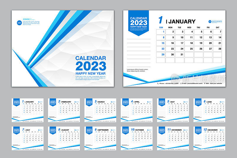 日历2023模板集矢量，周开始周日，集12个月，台历2023年，壁历2023年，计划表，业务模板，文具，印刷媒体，蓝色多边形背景