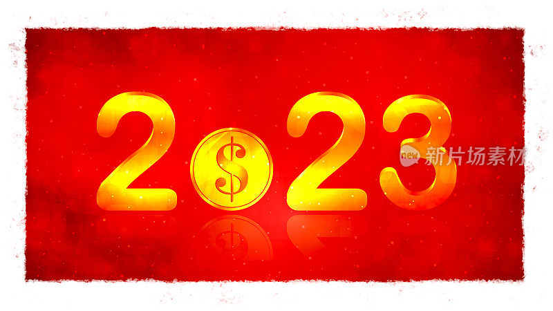 金属金色或橙金色彩色3d文本2023美元或美元货币符号硬币在闪耀的充满活力的暗红色栗色节日发光横向三维背景新年贺卡，海报和横幅
