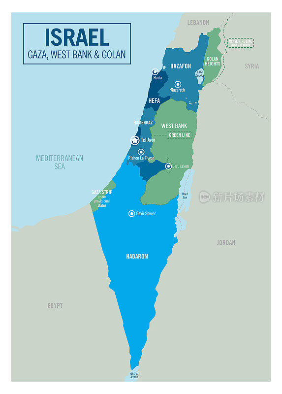 以色列国家政治版图，包括戈兰高地、约旦河西岸和加沙地带。详细的矢量插图与孤立的省，部门，地区，城市，和州容易取消分组。