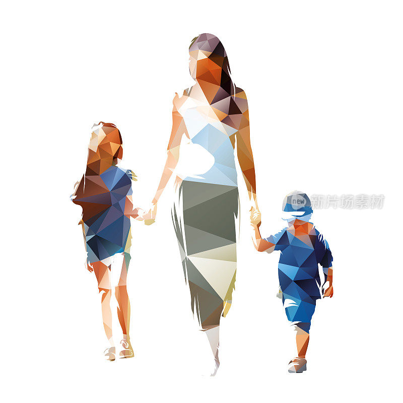 妈妈牵着孩子们的手。母亲带着女儿和儿子。孤立矢量剪影，低多边形从三角形绘图，正面视图
