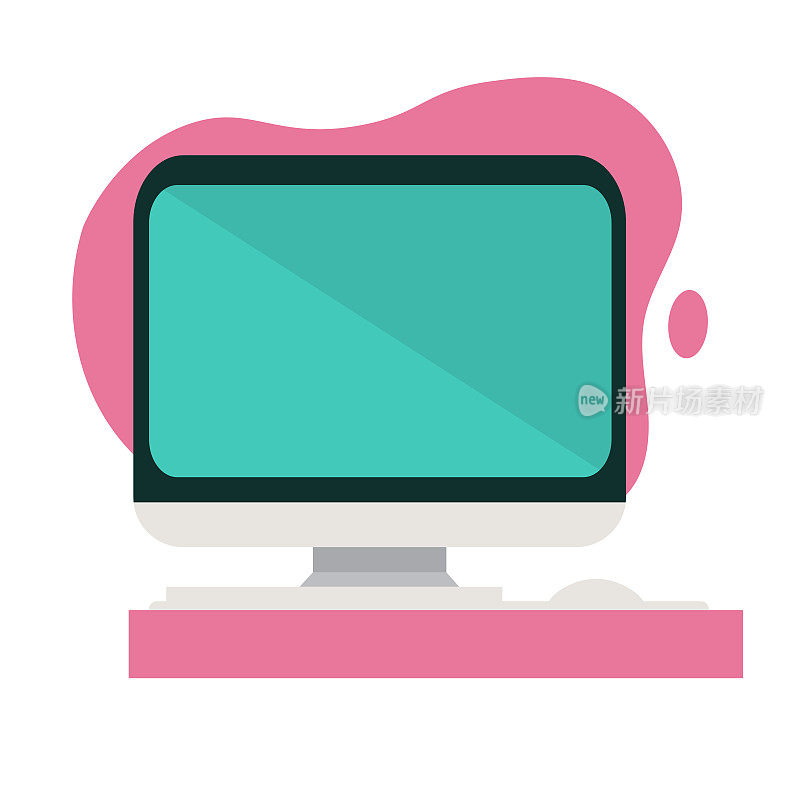 平面设计计算机与键盘和鼠标在粉红色屏幕向量。