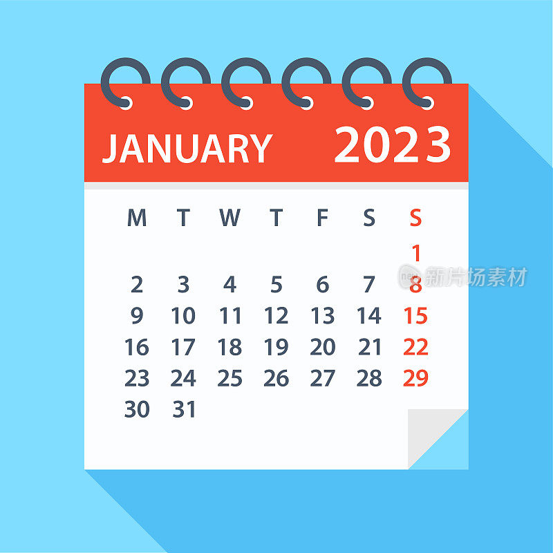 2023年1月-日历。一周从周一开始