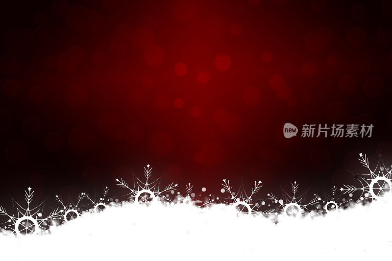 白色的雪和空灵闪耀发光的圣诞雪花和雪底部充满活力，非常深的栗红色圣诞节日的水平闪闪发光的背景