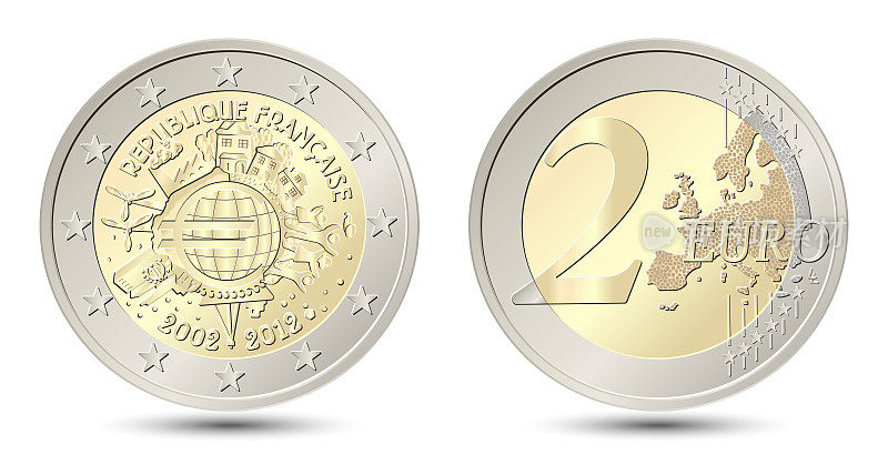 法国，2欧元硬币。欧元十年，2012。法国两欧元硬币的正反两面。矢量插图孤立在白色背景上。