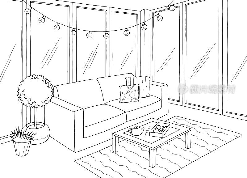 阳台室内图形黑白素描插图矢量