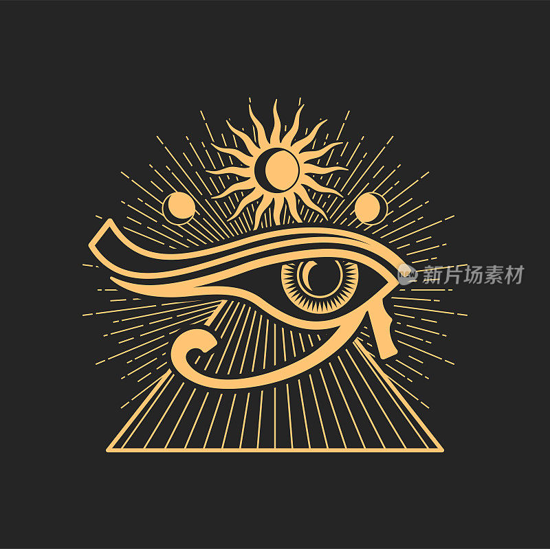 荷鲁斯眼古埃及标志，金字塔和太阳