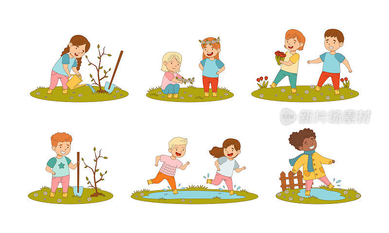 快乐的孩子们享受春天在水坑里溅水，种树和收集花朵向量集