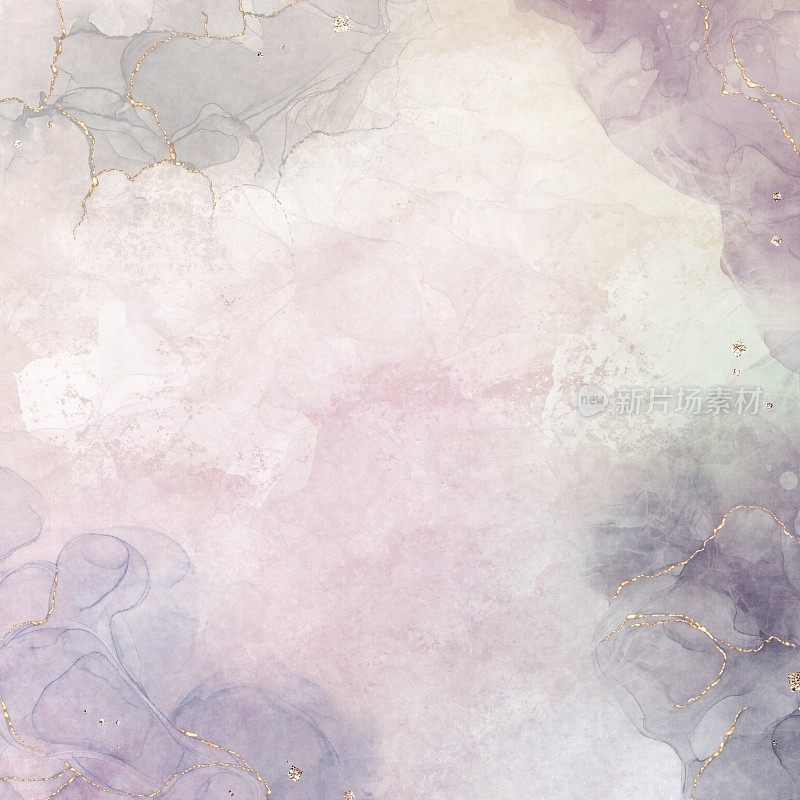 酒香水墨艺术方形抽象模板秋冬。紫色大理石图案与金色闪光。经典的和浪漫的