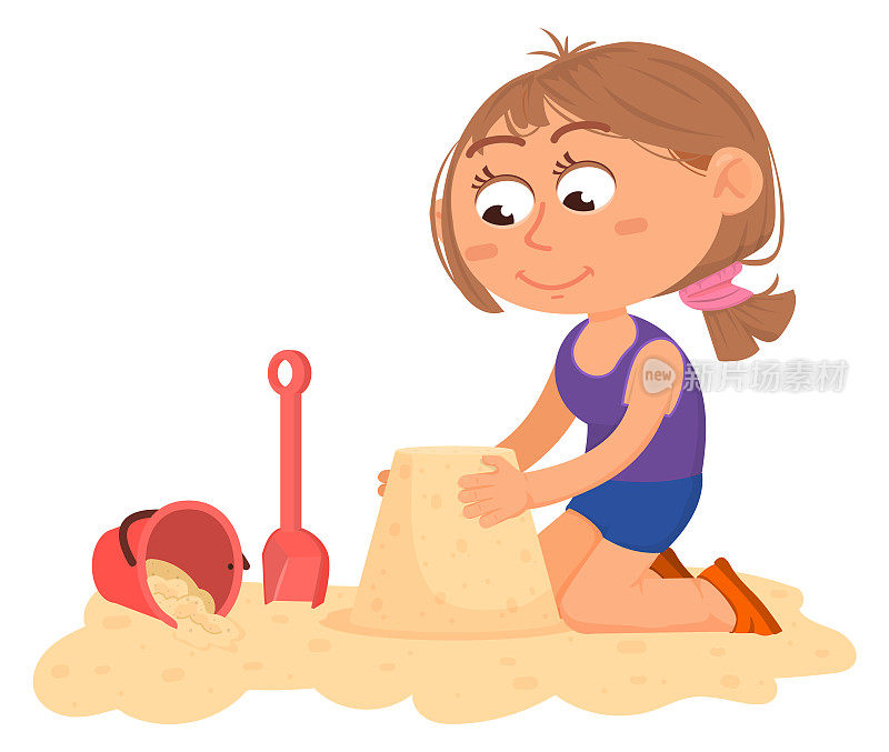 女孩在堆沙堡。快乐的卡通孩子在海滩上孤立的白色
