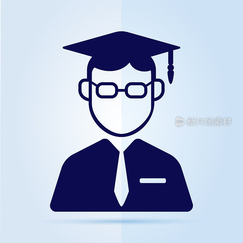 一个带毕业帽的学生的图标，在蓝色背景上。
