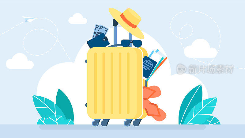 旅行箱的旅行概念。暑假。行李，机票，护照，钱，眼镜，人字拖和配件。为季节性假期做准备。旅行。矢量平面图
