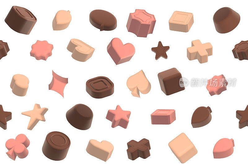 插图背景图案的各种巧克力。牛奶巧克力，白巧克力，红宝石巧克力