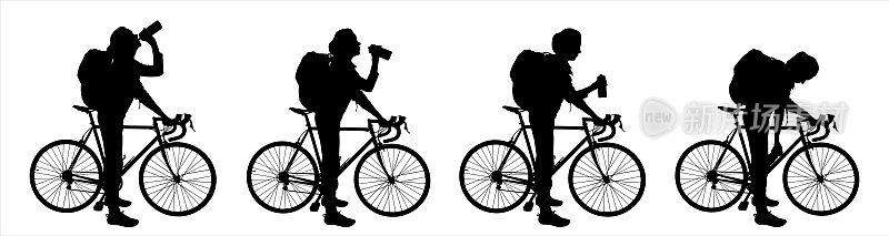 一个骑自行车的女人从瓶子里喝水。骑自行车的人渴了。一个女孩头上戴着帽子，背着背包，手里拿着自行车，停下来从瓶子里喝水。侧视图。