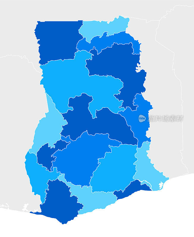 高度详细的加纳蓝色地图与区域和国家边界