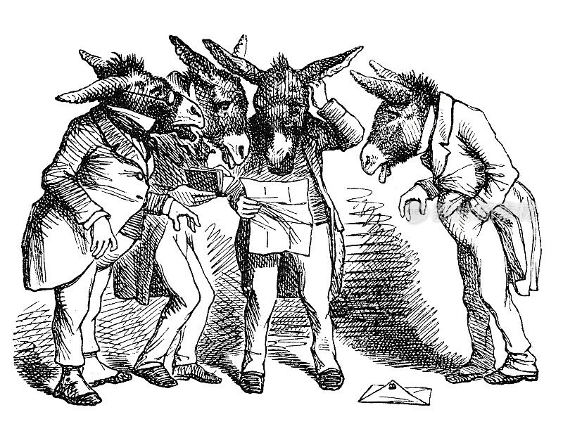 四头驴像人一样站在一起讨论一份文件