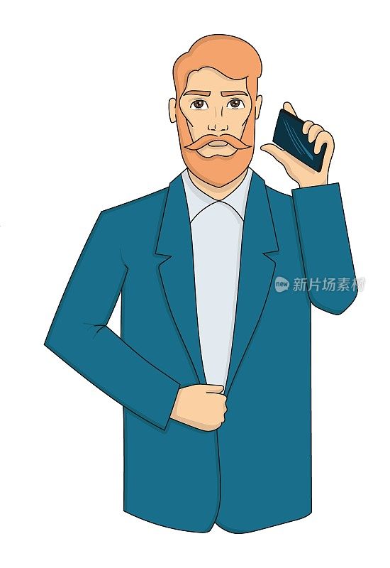 商人在电话里交谈。红头发和红胡子的男人。社区、商务、商务会议、约会、解决问题、交流、聊天、打电话。白色背景上的矢量插图
