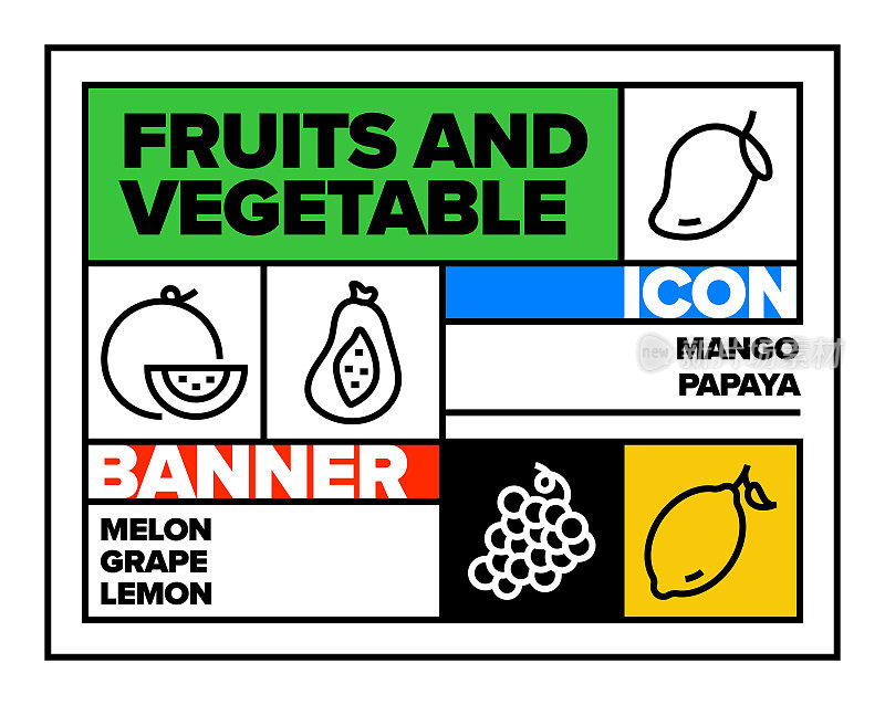 水果和蔬菜线图标集和横幅设计
