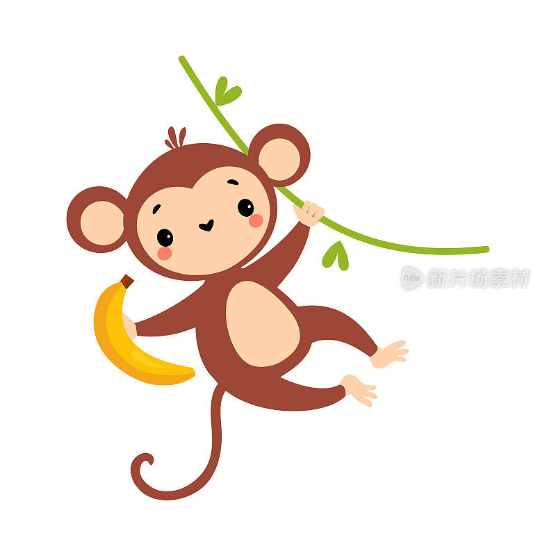 可爱好玩的猴子与长尾挂在藤蔓与香蕉矢量插图