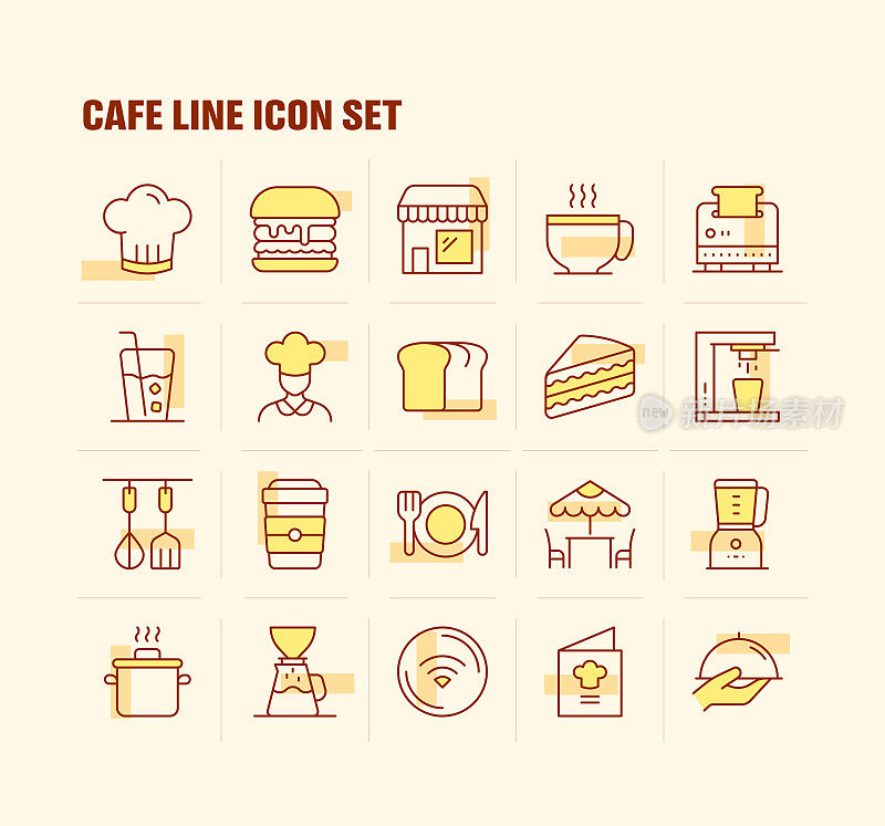 采购产品咖啡馆，厨师，快餐，咖啡，食品图标
