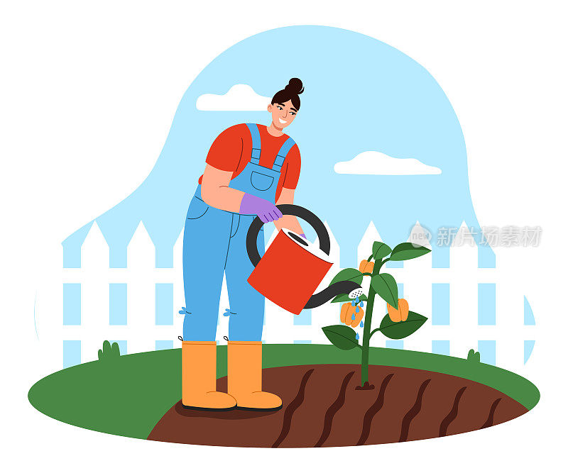 在菜园工作的女园丁。年轻女子在给植物浇水。园林养护理念。平面矢量插图。