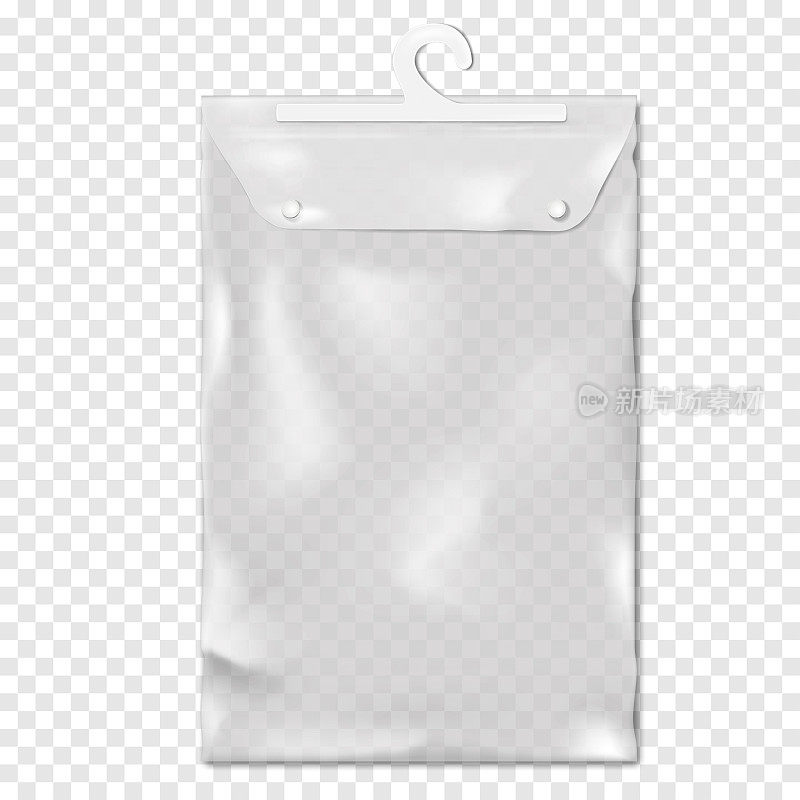 透明的PVC袋与扣扣紧固件和塑料挂钩透明背景逼真的矢量模型。空拉链乙烯袋包装模型。设计模板