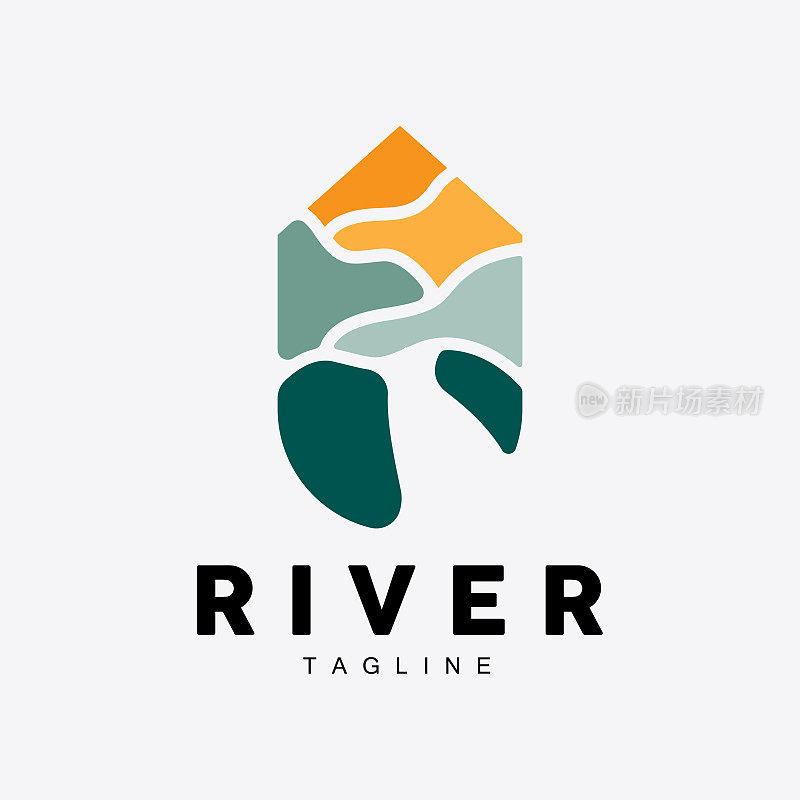 河流标志，流光矢量，河岸，山脉和农场设计，插图符号图标