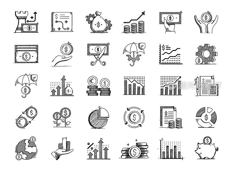 金融手绘矢量涂鸦线图标集