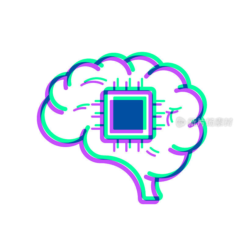 植入大脑芯片。图标与两种颜色叠加在白色背景上